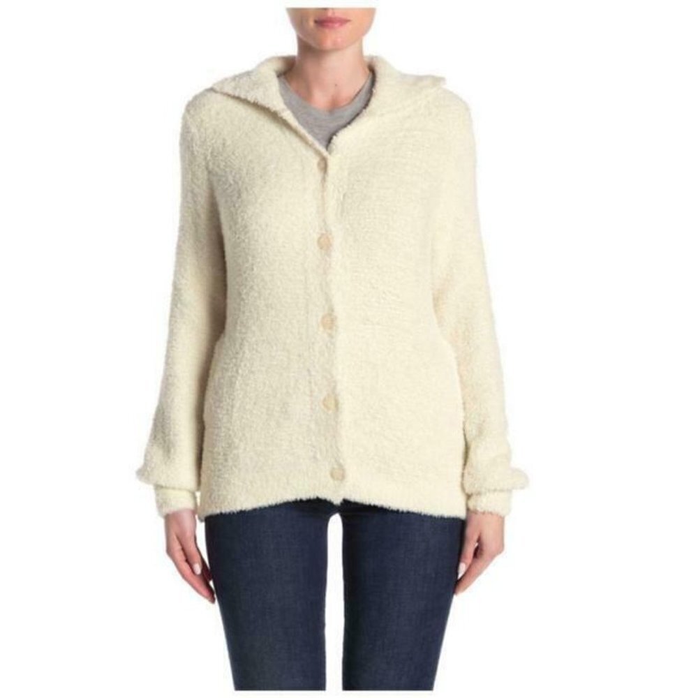 Susina Womens Size Large Faux Fur Teddy Fleece Knit Cardigan Sweater Ivory Cream